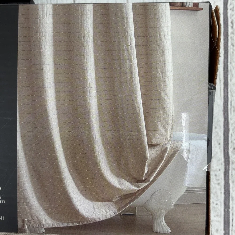 DKNY Shower Curtain Elsa Stripe Beige Pink Aqua Cotton Blend Modern Crisp Clean
